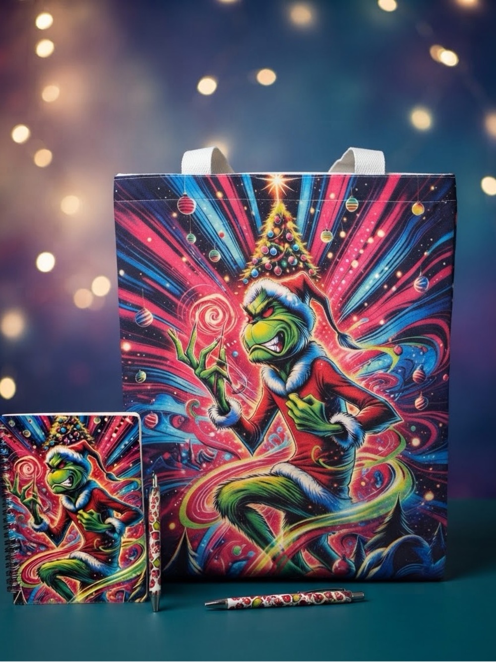 Festive Grinch Art tote bag  & Notebook - Multicolor
